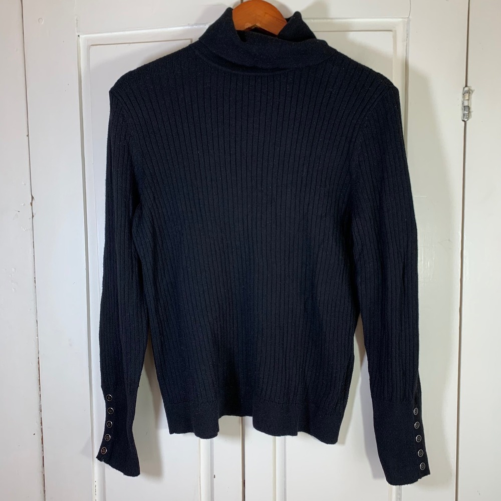 Talbots Womens Black Ribbed‎ Turtleneck Sweater Button Cuff Cotton Blend Size L